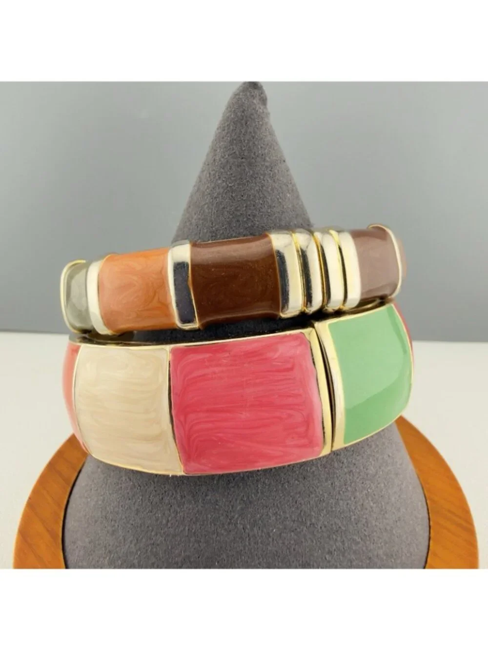 Vintage Enameled Hinged Clamper Bangle Bracelet Set Of 2 Colorful